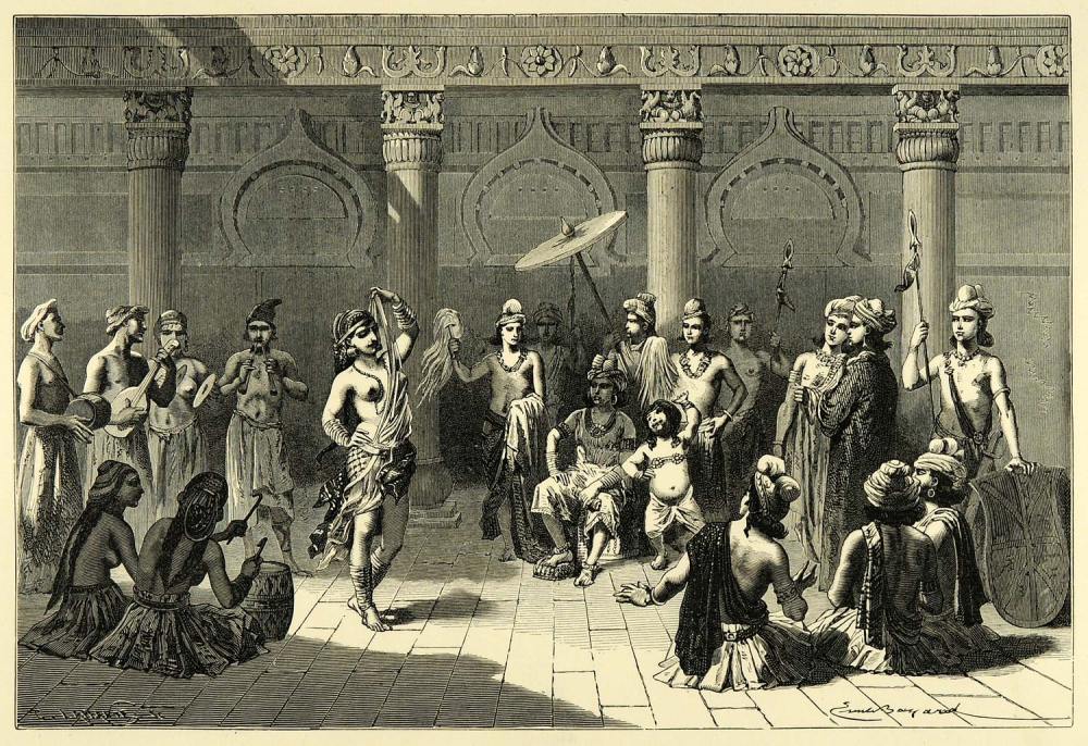 A_vision_of_ancient_Indian_court_life,_using_motifs_from_Sanchi_(wood_engraving,_1878)