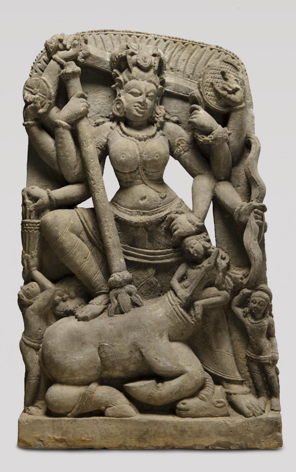 Mahishasuramardini (Durga Destroying the Buffalo Demon) Artist_maker unknown, Indian Geography_ Made in Uttar Pradesh, India, Asia Date_ Mid- 8th century Medium_ Sandstone Dimensions_ 29 1_2 × 18 1_4 × 4 3_4 inc